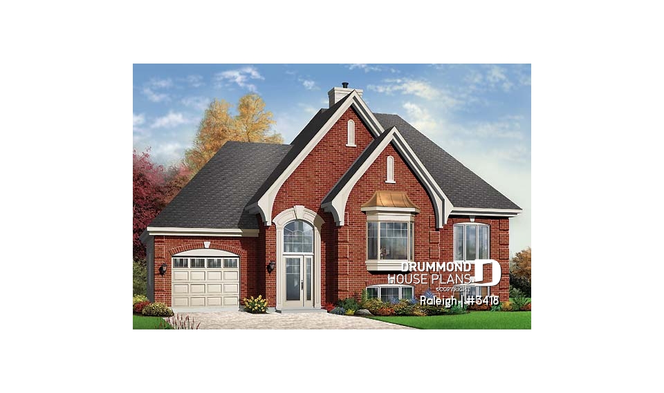 front - BASE MODEL - split-entry house plan, low budget, cathedral ceiling, central fireplace, kitchen with island - Raleigh