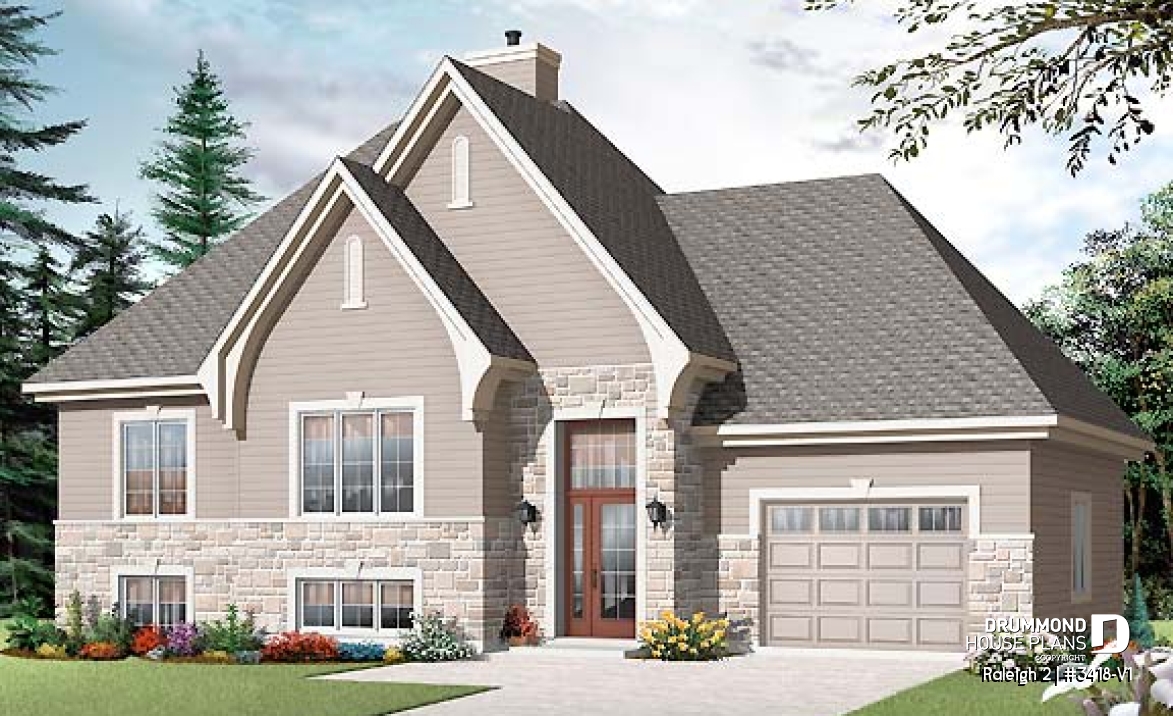 front - BASE MODEL - Split level country home, 2 to 4 bedrooms, 2 family rooms, central fireplace, ample storage, garage - Raleigh 2