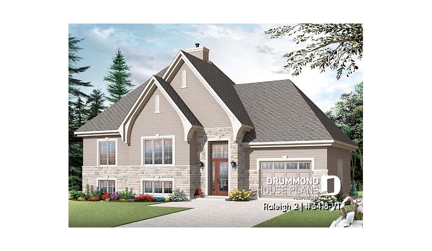 front - BASE MODEL - Split level country home, 2 to 4 bedrooms, 2 family rooms, central fireplace, ample storage, garage - Raleigh 2