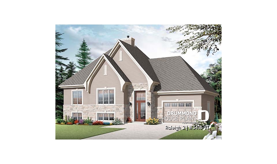 front - BASE MODEL - Split level country home, 2 to 4 bedrooms, 2 family rooms, central fireplace, ample storage, garage - Raleigh 2