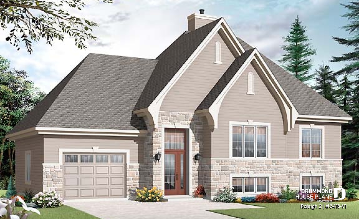 front - BASE MODEL - Split level country home, 2 to 4 bedrooms, 2 family rooms, central fireplace, ample storage, garage - Raleigh 2