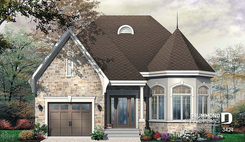 front - BASE MODEL - European style one storey house plan with sunken living room and pantry in kitchen - Levesque