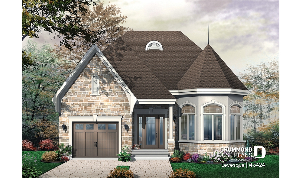 front - BASE MODEL - European style one storey house plan with sunken living room and pantry in kitchen - Levesque