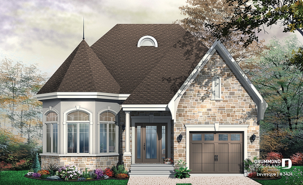 front - BASE MODEL - European style one storey house plan with sunken living room and pantry in kitchen - Levesque