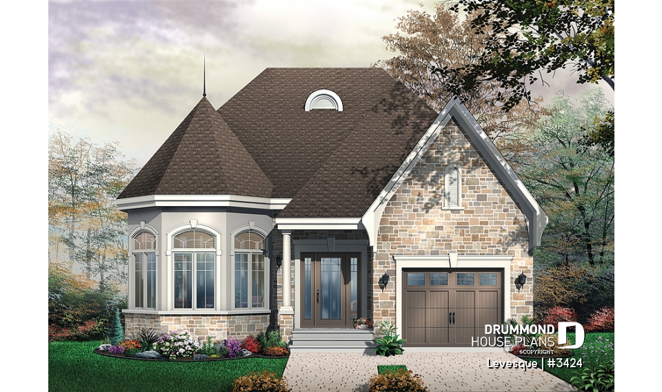 front - BASE MODEL - European style one storey house plan with sunken living room and pantry in kitchen - Levesque