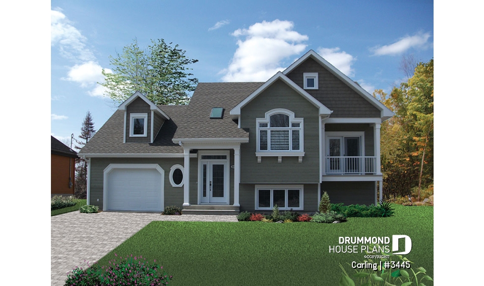 front - BASE MODEL - 3 bedroom split-entry floor plan with balcony, cathedral ceiling, garage and bonus space - Carling