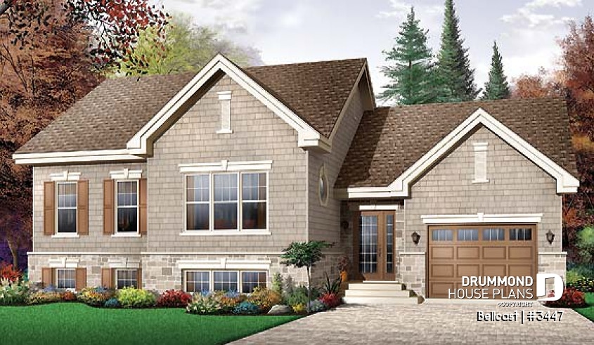 front - BASE MODEL - Split level modern rustic home plan, 2 bedrooms, 11' ceiling at the dining room - Bellcast