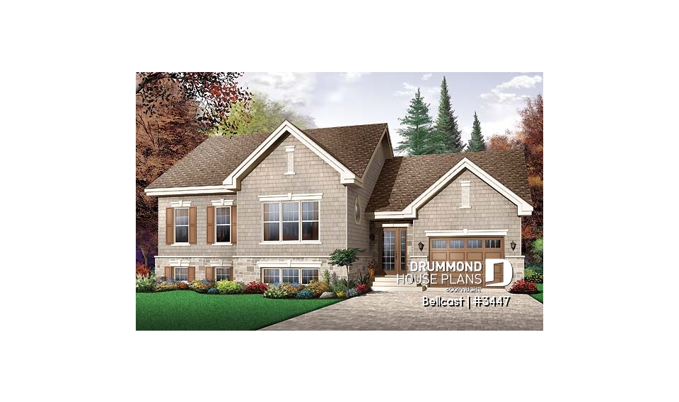 front - BASE MODEL - Split level modern rustic home plan, 2 bedrooms, 11' ceiling at the dining room - Bellcast