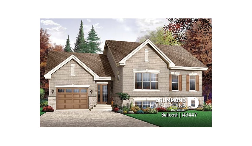 front - BASE MODEL - Split level modern rustic home plan, 2 bedrooms, 11' ceiling at the dining room - Bellcast