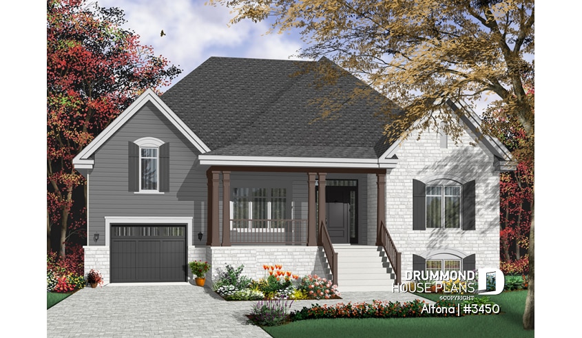 Color version 3 - Front - Comfortable 2 bedroom bungalow house plan with formal dining room, fireplace, garage & bonus space - Altona