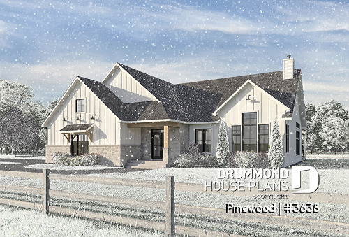 alternate - Large one-story modern farmhouse, master suite + 2 bedrooms, den, cathedral ceiling, garage - Pinewood