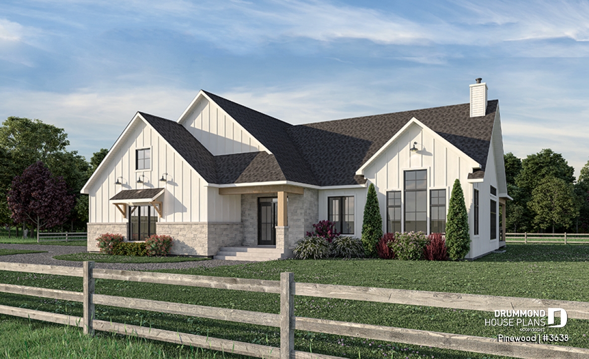 front - BASE MODEL - Large one-story modern farmhouse, master suite + 2 bedrooms, den, cathedral ceiling, garage - Pinewood