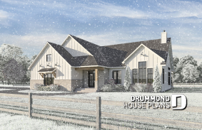 front - BASE MODEL - Large one-story modern farmhouse, master suite + 2 bedrooms, den, cathedral ceiling, garage - Pinewood