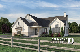 front - BASE MODEL - Large one-story modern farmhouse, master suite + 2 bedrooms, den, cathedral ceiling, garage - Pinewood