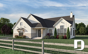 front - BASE MODEL - Large one-story modern farmhouse, master suite + 2 bedrooms, den, cathedral ceiling, garage - Pinewood