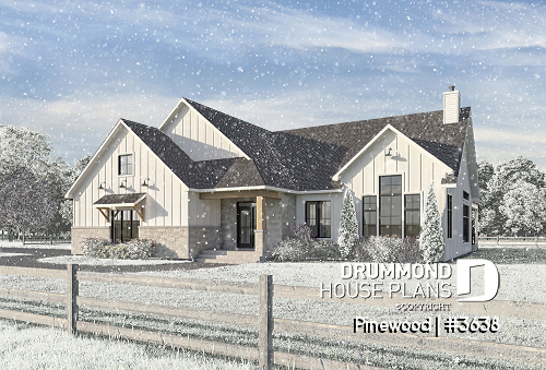 front - BASE MODEL - Large one-story modern farmhouse, master suite + 2 bedrooms, den, cathedral ceiling, garage - Pinewood