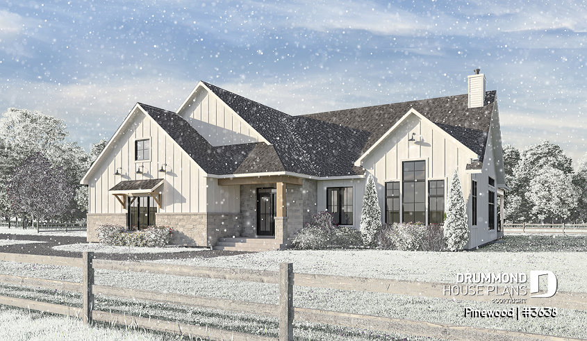 front - BASE MODEL - Large one-story modern farmhouse, master suite + 2 bedrooms, den, cathedral ceiling, garage - Pinewood