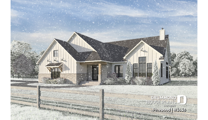 front - BASE MODEL - Large one-story modern farmhouse, master suite + 2 bedrooms, den, cathedral ceiling, garage - Pinewood