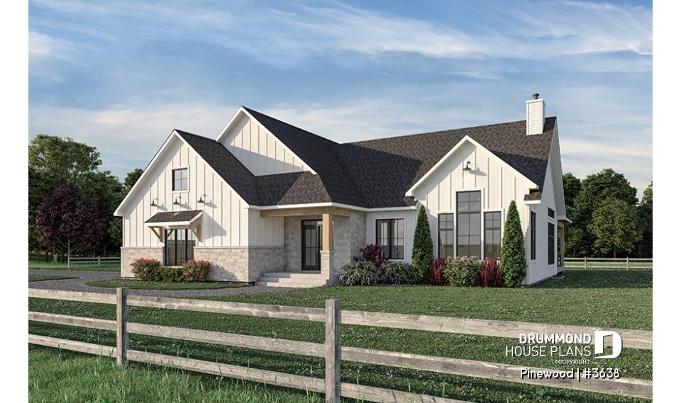 front - BASE MODEL - Large one-story modern farmhouse, master suite + 2 bedrooms, den, cathedral ceiling, garage - Pinewood