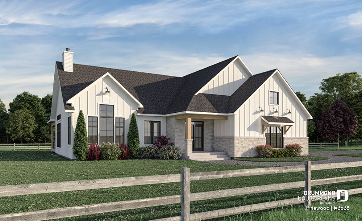 front - BASE MODEL - Large one-story modern farmhouse, master suite + 2 bedrooms, den, cathedral ceiling, garage - Pinewood
