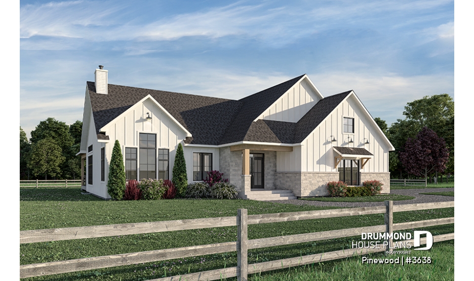 front - BASE MODEL - Large one-story modern farmhouse, master suite + 2 bedrooms, den, cathedral ceiling, garage - Pinewood