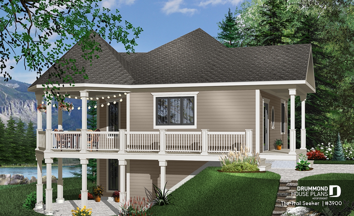 front - BASE MODEL - Affordable small cottage home plan, unfinished walkout (allowing for extra beds), large covered terrace - The Trail Seeker 