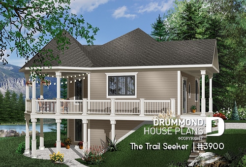 front - BASE MODEL - Affordable small cottage home plan, unfinished walkout (allowing for extra beds), large covered terrace - The Trail Seeker 
