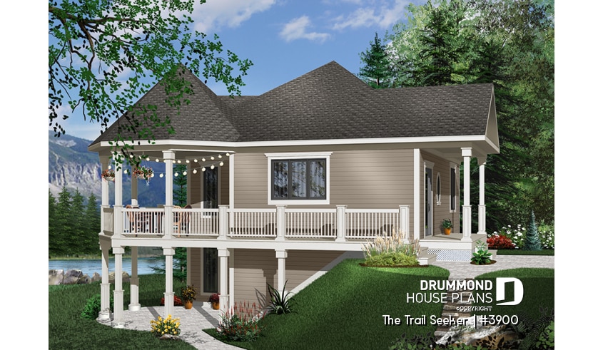 front - BASE MODEL - Affordable small cottage home plan, unfinished walkout (allowing for extra beds), large covered terrace - The Trail Seeker 