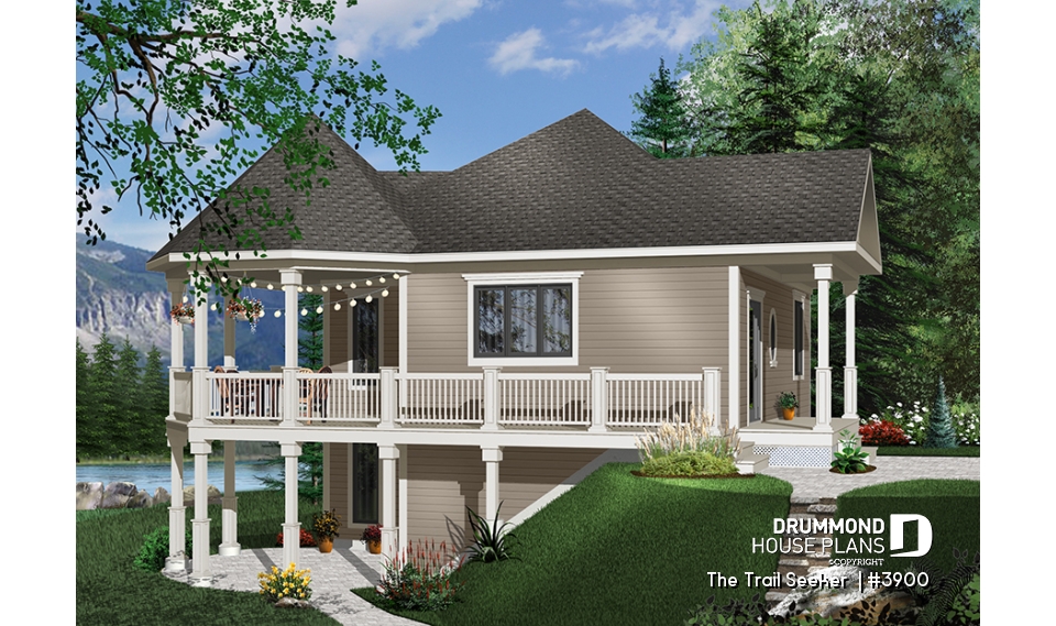 front - BASE MODEL - Affordable small cottage home plan, unfinished walkout (allowing for extra beds), large covered terrace - The Trail Seeker 