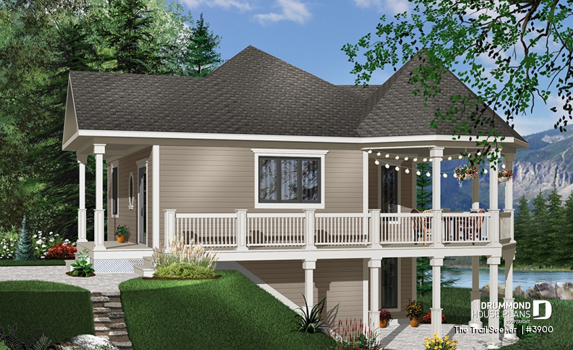 front - BASE MODEL - Affordable small cottage home plan, unfinished walkout (allowing for extra beds), large covered terrace - The Trail Seeker 