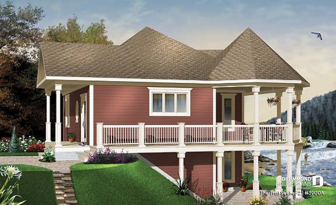 front - BASE MODEL - Wraparound porch, waterfront cottage house plan, master bedroom on main floor, open layout, walkout basement - The Trail Seeker 2