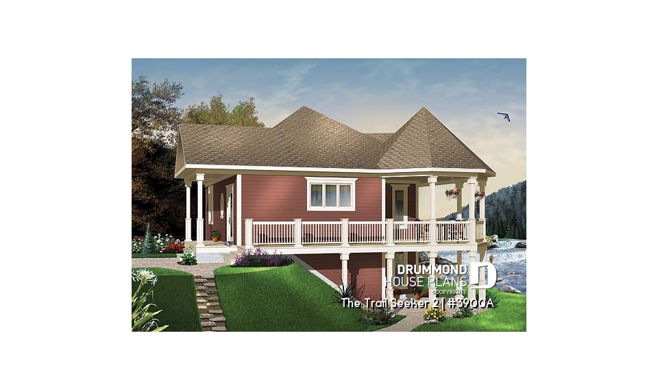 front - BASE MODEL - Wraparound porch, waterfront cottage house plan, master bedroom on main floor, open layout, walkout basement - The Trail Seeker 2