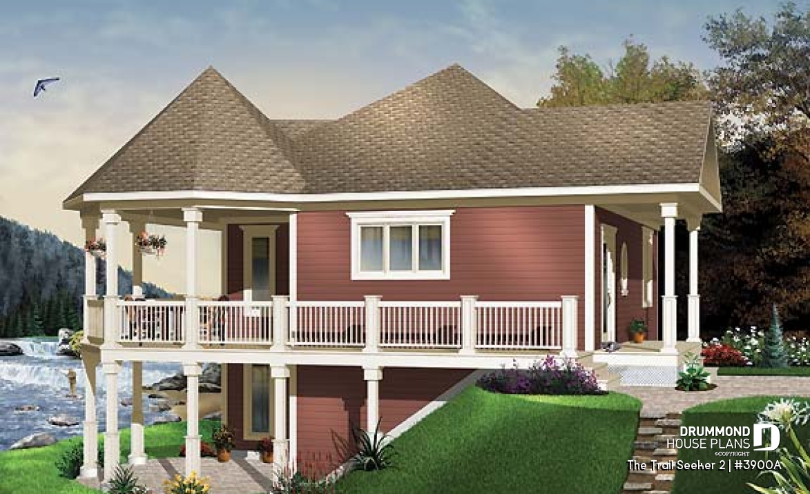 front - BASE MODEL - Wraparound porch, waterfront cottage house plan, master bedroom on main floor, open layout, walkout basement - The Trail Seeker 2