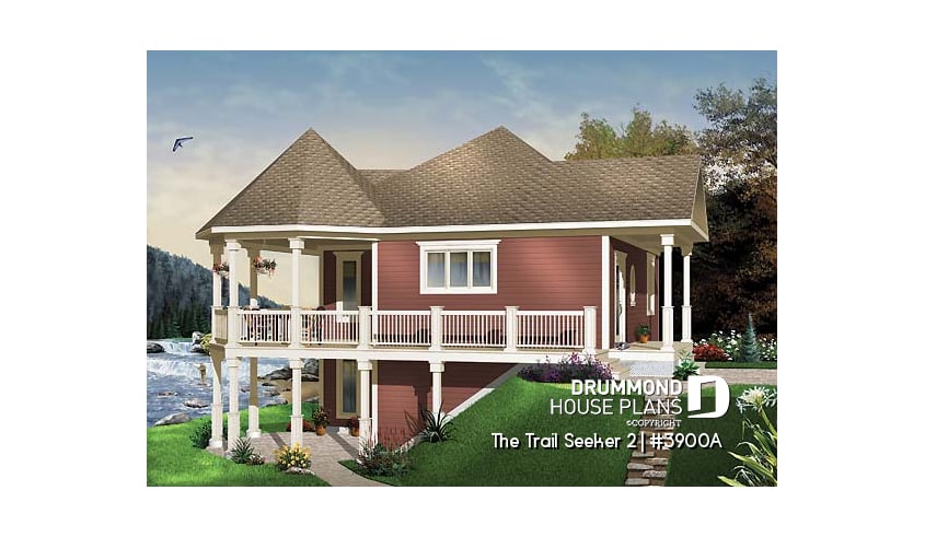 front - BASE MODEL - Wraparound porch, waterfront cottage house plan, master bedroom on main floor, open layout, walkout basement - The Trail Seeker 2