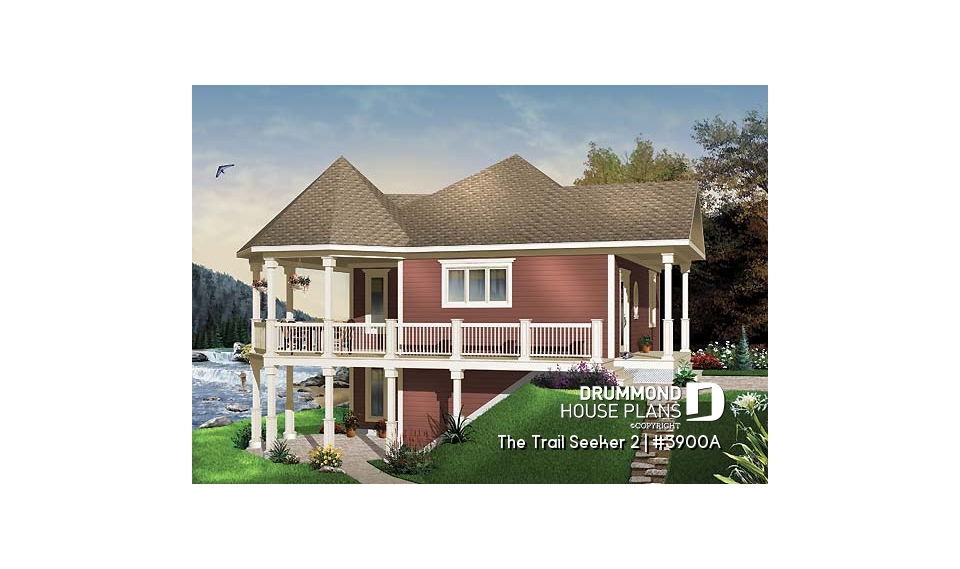 front - BASE MODEL - Wraparound porch, waterfront cottage house plan, master bedroom on main floor, open layout, walkout basement - The Trail Seeker 2