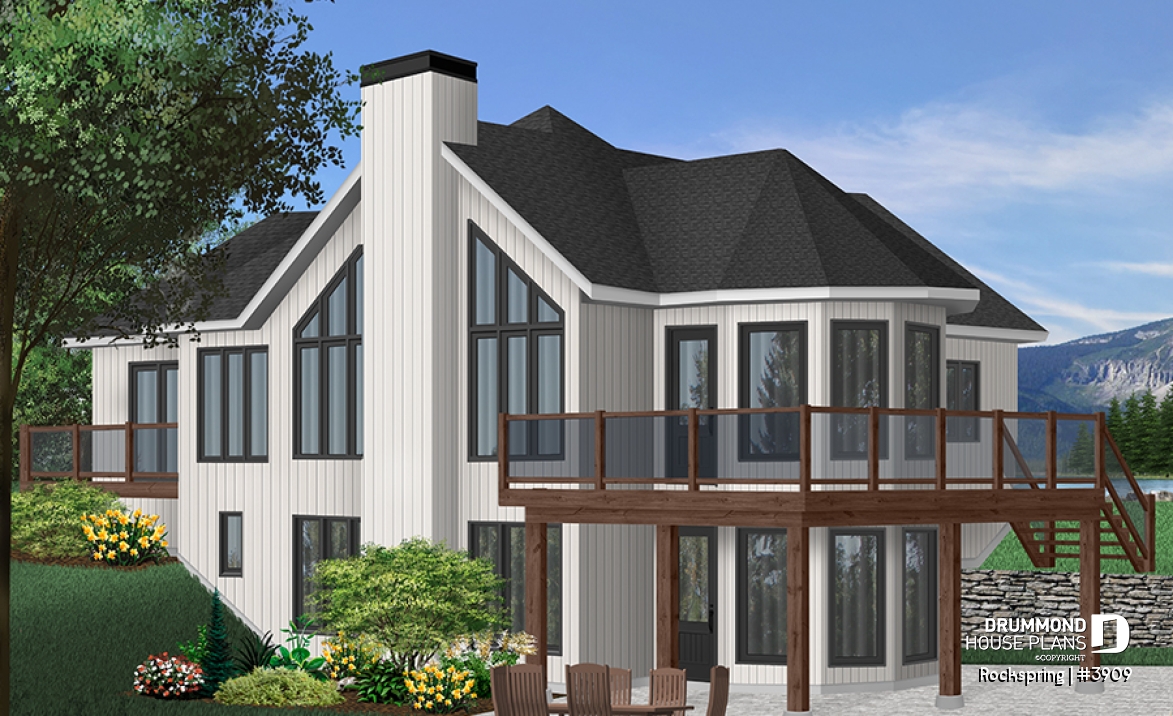 Rear view - BASE MODEL - Chalet house plan with 2 bedrooms, master bedroom with private balcony, lots of natural light - Rockspring