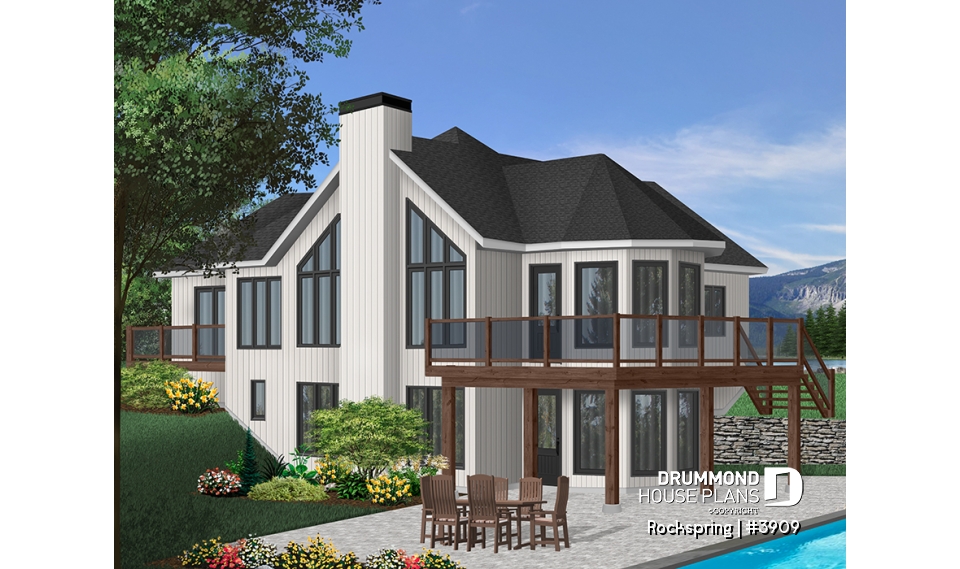 Rear view - BASE MODEL - Chalet house plan with 2 bedrooms, master bedroom with private balcony, lots of natural light - Rockspring