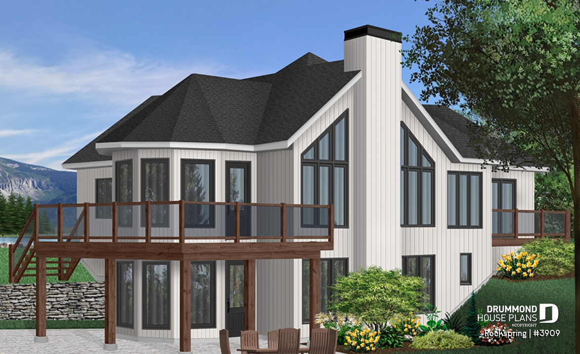 Rear view - BASE MODEL - Chalet house plan with 2 bedrooms, master bedroom with private balcony, lots of natural light - Rockspring
