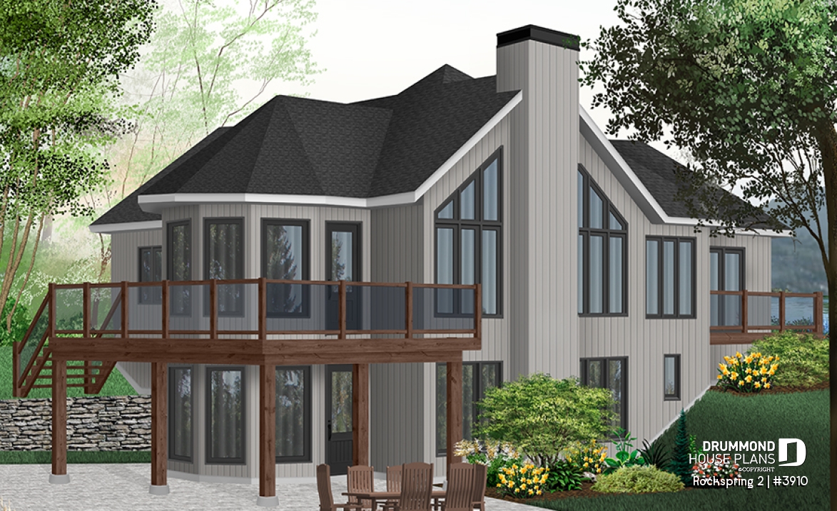 Rear view - BASE MODEL - Cottage style house plan with 2+ bedrooms, great open layout, garage, cathedral ceiling - Rockspring 2