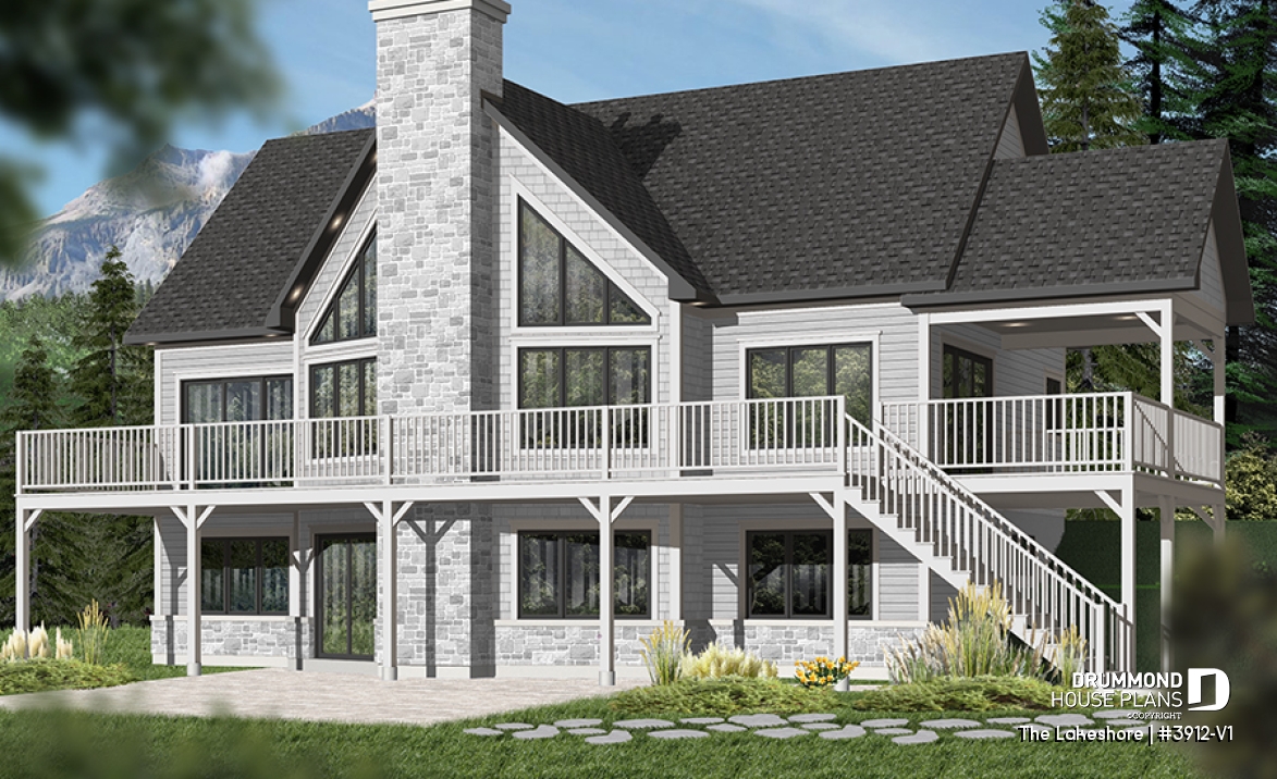 Color version 1 - Rear - Lake chalet house plan with walkout, 5 bedrooms, 9-ft ceilings, cathedral living room and covered terrace - The Lakeshore