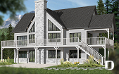 Color version 1 - Rear - Lake chalet house plan with walkout, 5 bedrooms, 9-ft ceilings, cathedral living room and covered terrace - The Lakeshore