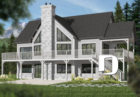 Color version 1 - Rear - Lake chalet house plan with walkout, 5 bedrooms, 9-ft ceilings, cathedral living room and covered terrace - The Lakeshore