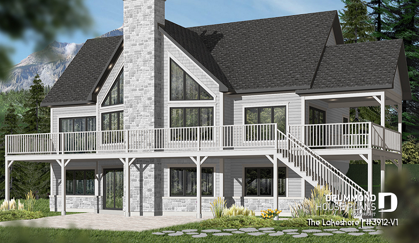 Color version 1 - Rear - Lake chalet house plan with walkout, 5 bedrooms, 9-ft ceilings, cathedral living room and covered terrace - The Lakeshore