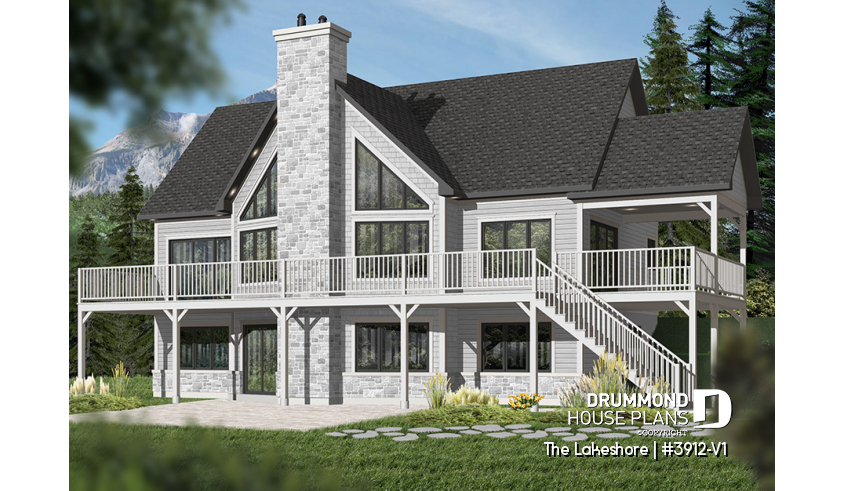 Color version 1 - Rear - Lake chalet house plan with walkout, 5 bedrooms, 9-ft ceilings, cathedral living room and covered terrace - The Lakeshore