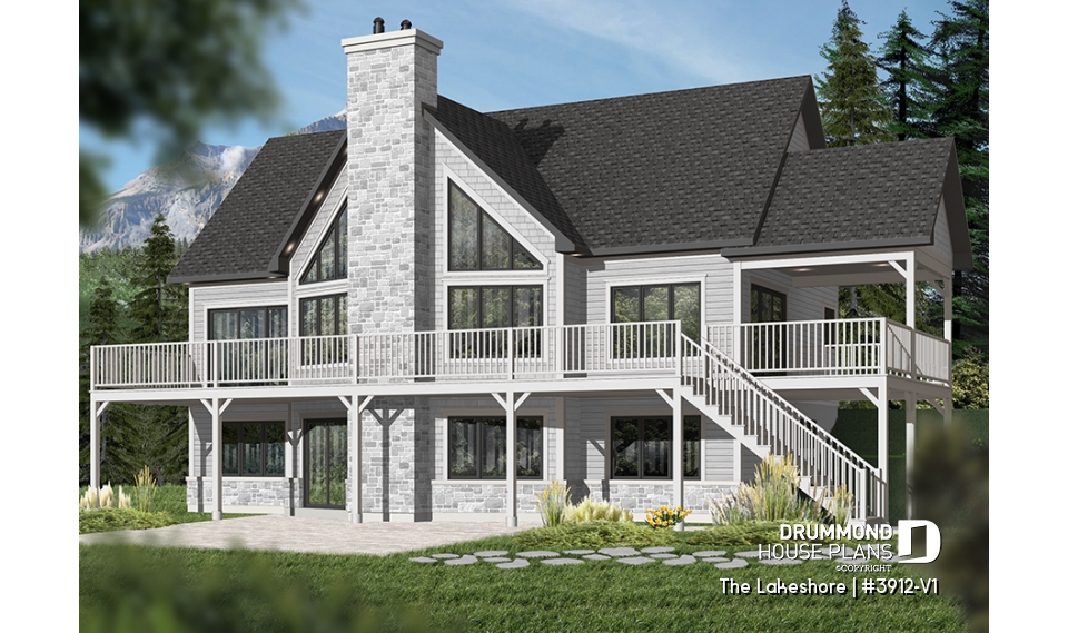 Color version 1 - Rear - Lake chalet house plan with walkout, 5 bedrooms, 9-ft ceilings, cathedral living room and covered terrace - The Lakeshore