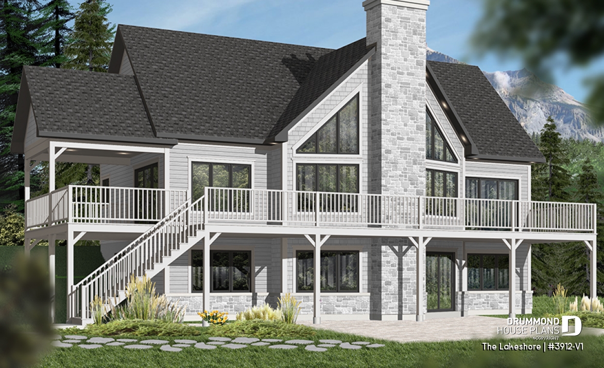 Color version 1 - Rear - Lake chalet house plan with walkout, 5 bedrooms, 9-ft ceilings, cathedral living room and covered terrace - The Lakeshore