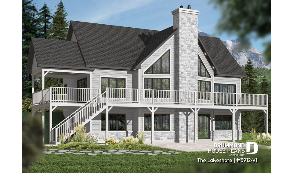Color version 1 - Rear - Lake chalet house plan with walkout, 5 bedrooms, 9-ft ceilings, cathedral living room and covered terrace - The Lakeshore