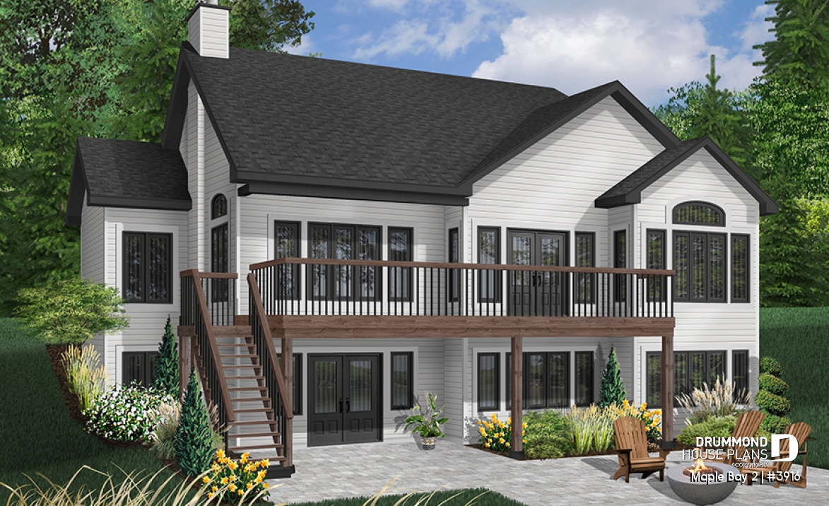 Color version 2 - Rear - One-storey ranch style house plan with walkout basement,  2-car garage, 2 fireplaces, master on main floor - Maple Bay 2