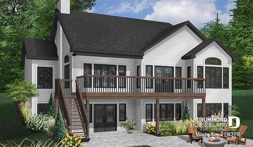 Color version 2 - Rear - One-storey ranch style house plan with walkout basement,  2-car garage, 2 fireplaces, master on main floor - Maple Bay 2