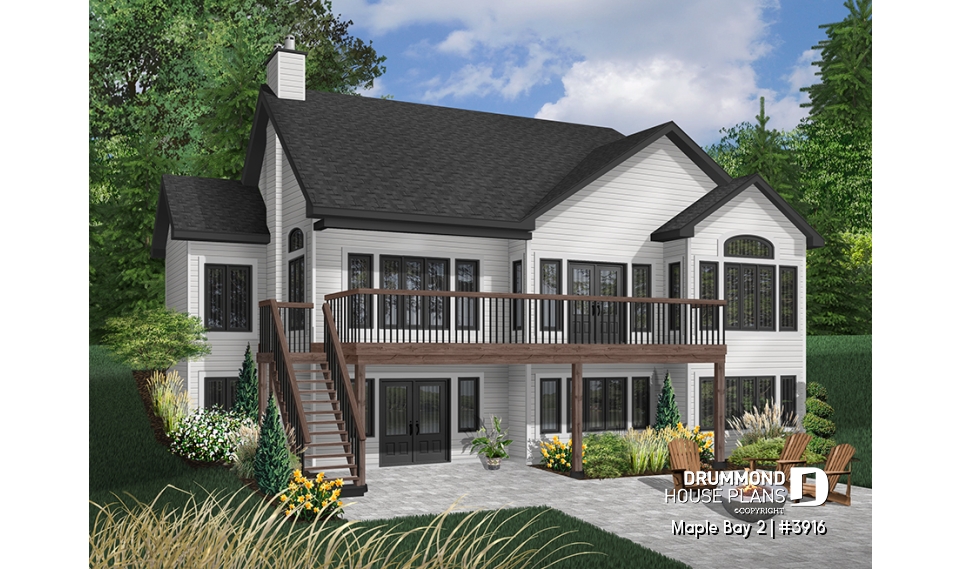 Color version 2 - Rear - One-storey ranch style house plan with walkout basement,  2-car garage, 2 fireplaces, master on main floor - Maple Bay 2